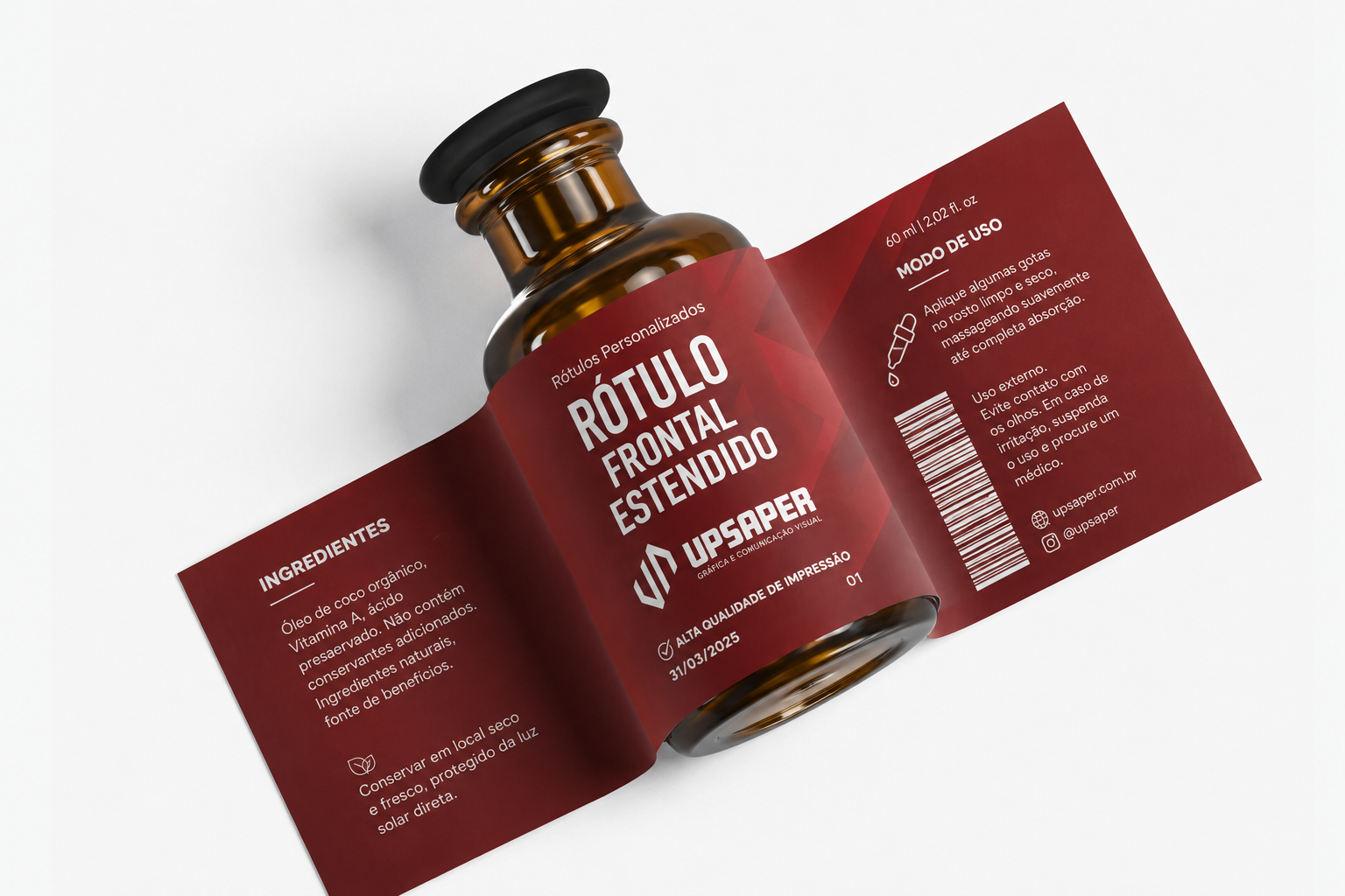 Mockup de rótulo estendido UPSAPER aplicado em frasco âmbar